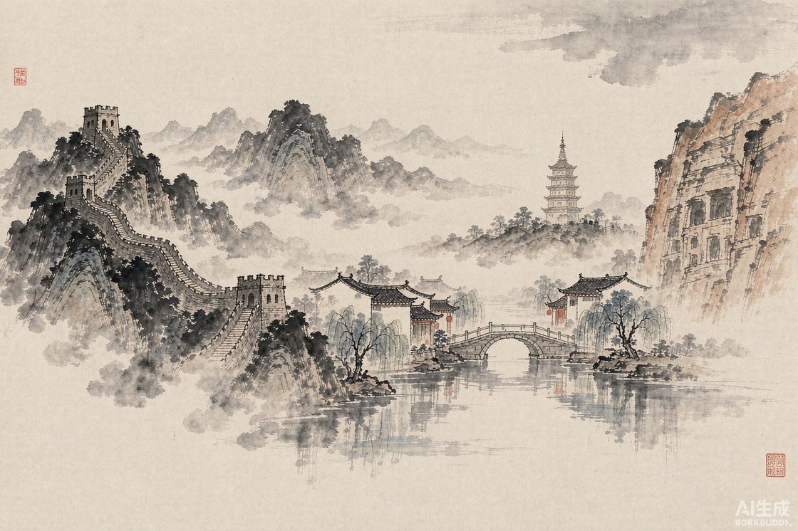 水墨风中国世界遗产长卷插画