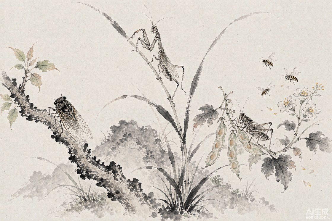 水墨风草虫插画